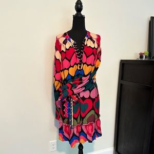 Farm Rio colorful hearts mini dress with ruffle trim and tie waist